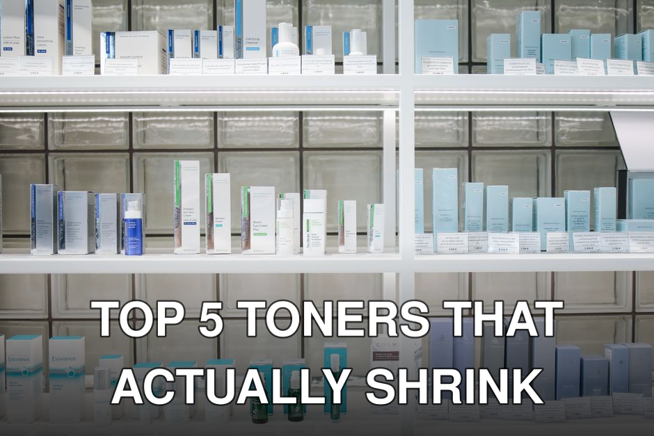 A clean and organized display of skincare products on shelves, perfect for beauty enthusiasts.