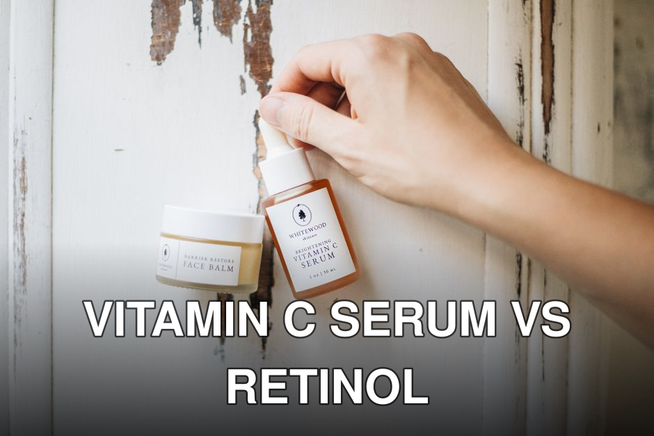 Elegant skincare display featuring face balm and vitamin C serum, showcasing minimalist beauty.