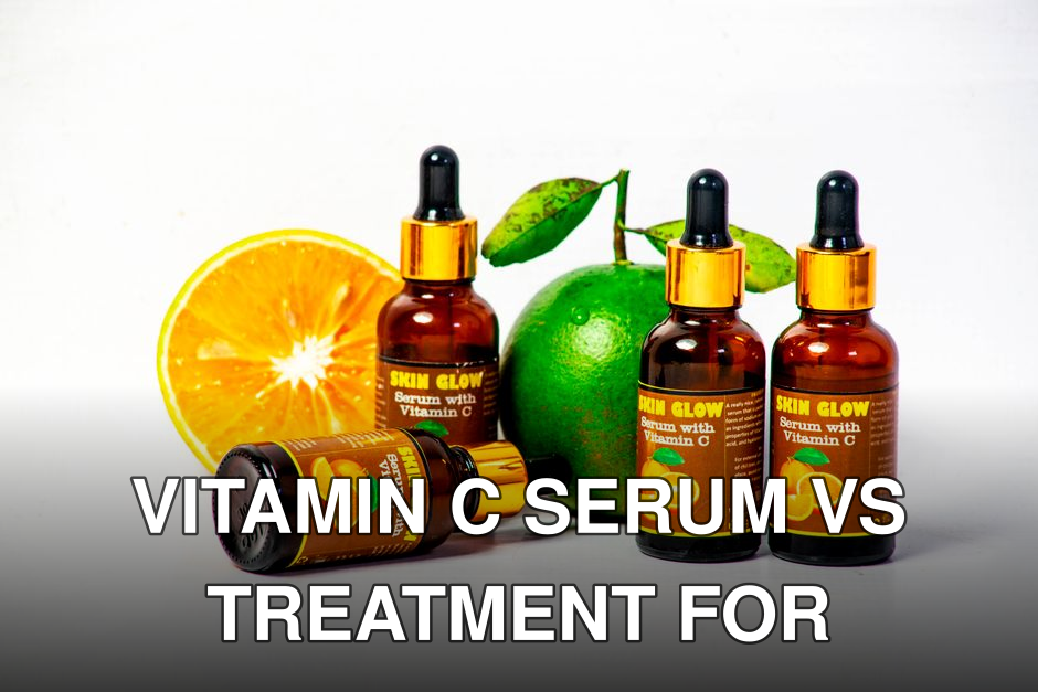 Vitamin C serum bottles with fresh citrus fruits for skincare and health promotion.