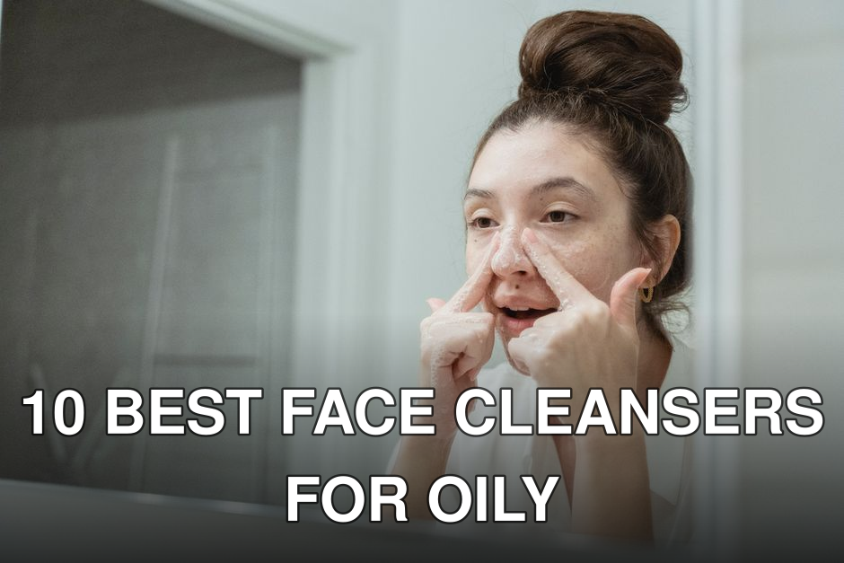 A young woman applies skincare in front of a bathroom mirror, focusing on facial care.