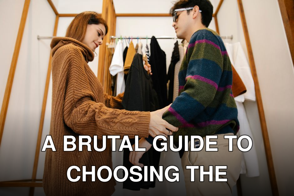 A woman assists a man with choosing clothes, showing care and companionship.