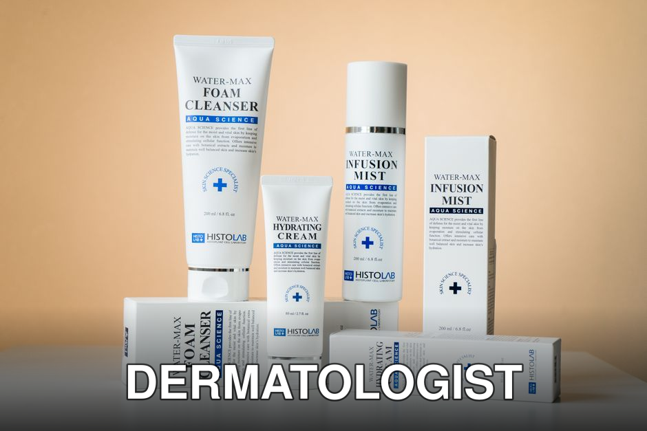 Elegant showcase of Water-Max skincare products including cleanser, cream, and mist on a white surface.