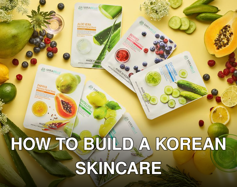 A collection of botanical face masks surrounded by fresh fruits and herbs on a yellow background.