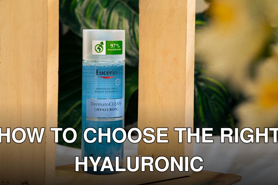 Eucerin DermatoCLEAN Hyaluron toner bottle surrounded by wooden frame and plants.