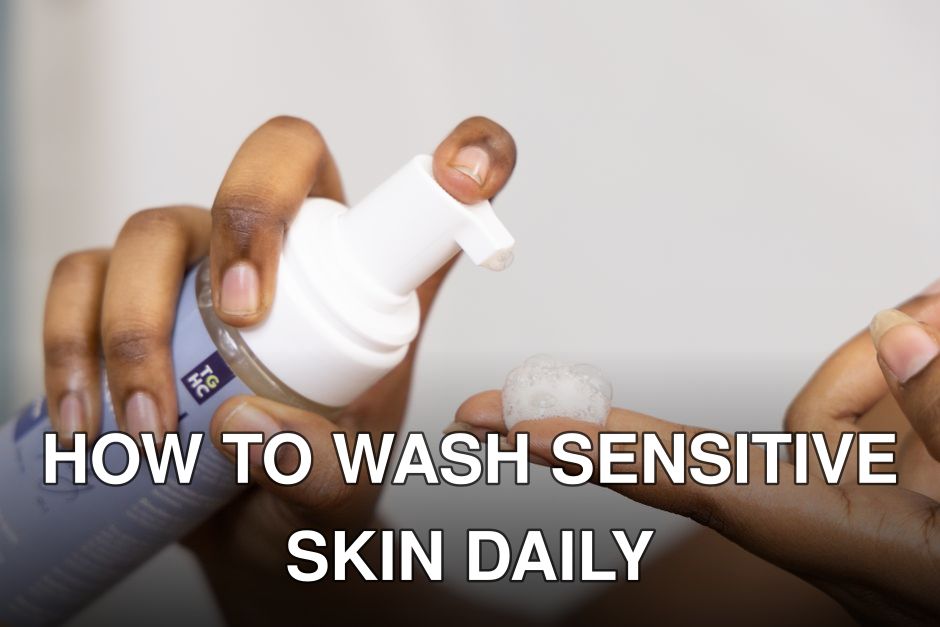 Close-up of hands dispensing soothing foaming face wash, ideal for sensitive skin care.