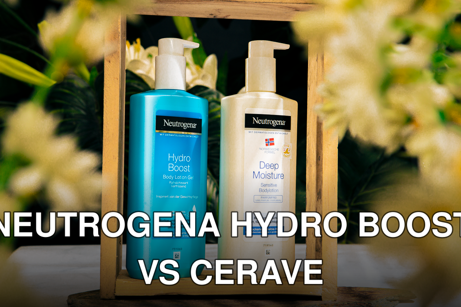Neutrogena Hydro Boost and Deep Moisture lotions in a floral wooden frame.