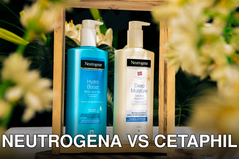 Neutrogena Hydro Boost and Deep Moisture lotions in a floral wooden frame.