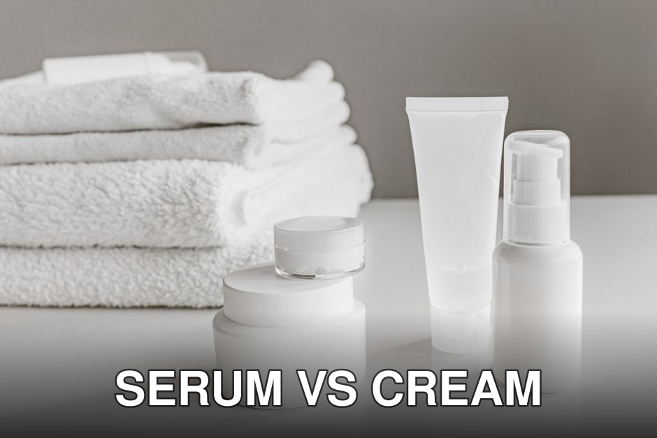 Minimalist arrangement of white skincare products and towels for a modern aesthetic.