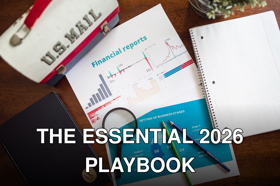 Financial charts and office supplies on a wooden desk, featuring a magnifying glass and US Mail lunchbox.