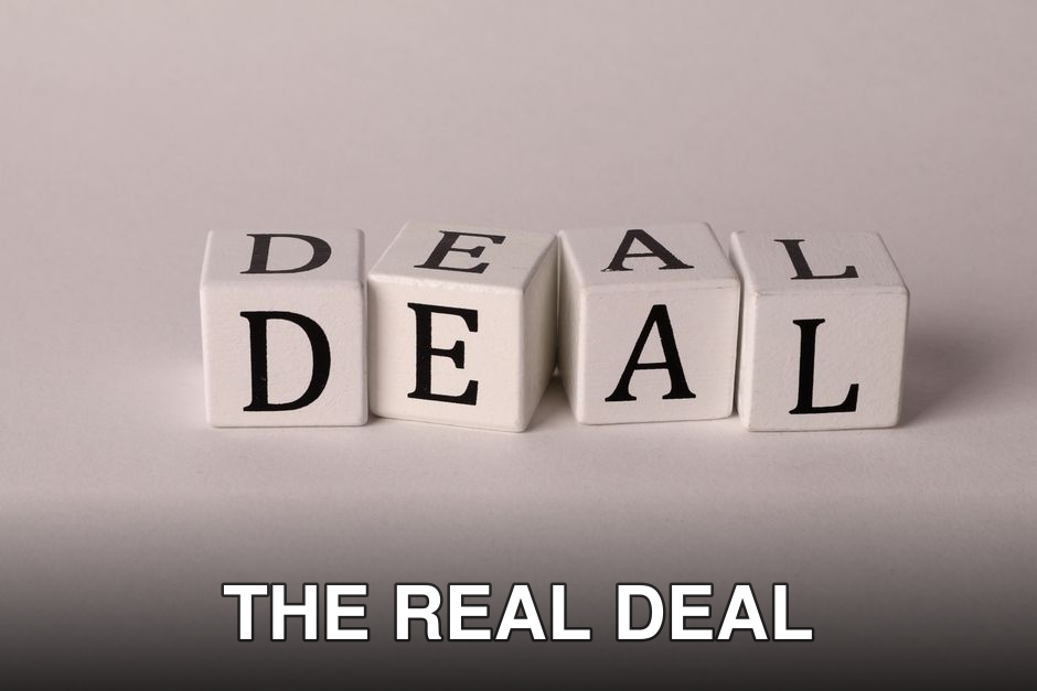 Close-up of white cubes with black letters spelling DEAL on a plain background.