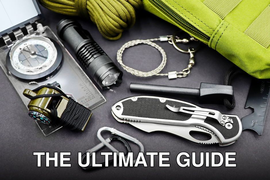 A comprehensive layout of essential survival tools including compass, flashlight, and knife, perfect for outdoor adventures.