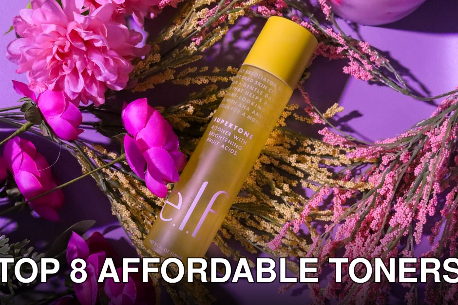 Captivating close-up of a skincare toner amidst colorful flowers, ideal for wellness themes.